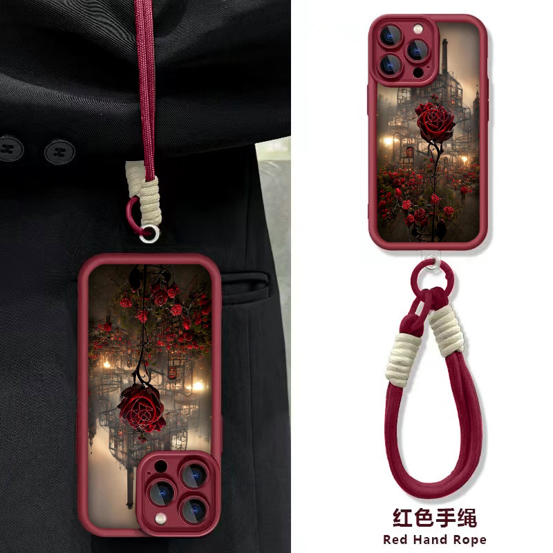 玫瑰高级感适用苹果15promax手机壳16pro华为mate60新款pura70腕带OPPOReno12挂绳vivos19x100女iQOOz8小米14