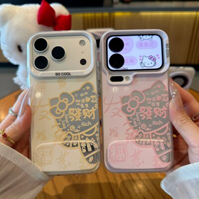 發财文字小猫咪适用苹果17promax镜面支架手机壳iPhone16pro新款磨砂彩银华为Mate80防摔vivo300小米17pro软