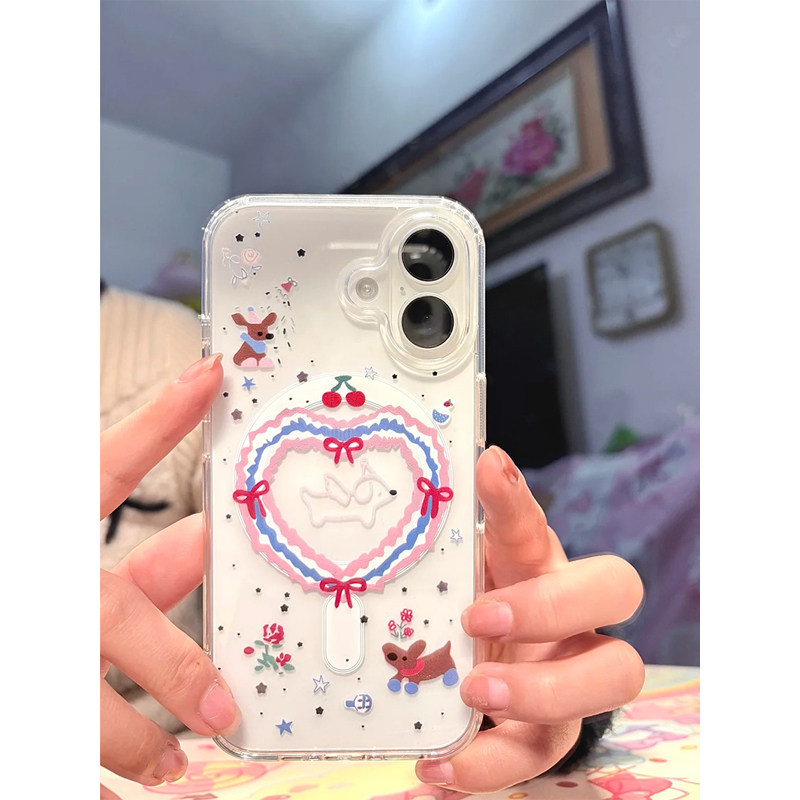爱心彩绘小狗适用于苹果17Promax磁吸手机壳iphone16pro男女款14透明13保护套12mini硅胶软7/8plus防摔17air