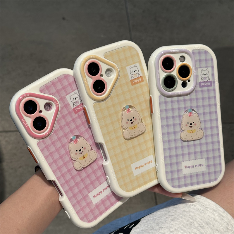 粉格纹修勾适用苹果16promax手机壳iphone13新款贴件小狗奶油壳15pro华为mate70荣耀vivox200小米15OPPO防摔