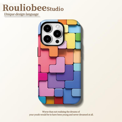 彩色俄罗斯方块适用苹果15手机壳iPhone16promax卡通华为mate70荣耀vivo个性小米超火菲林二合一防摔套OPPO软
