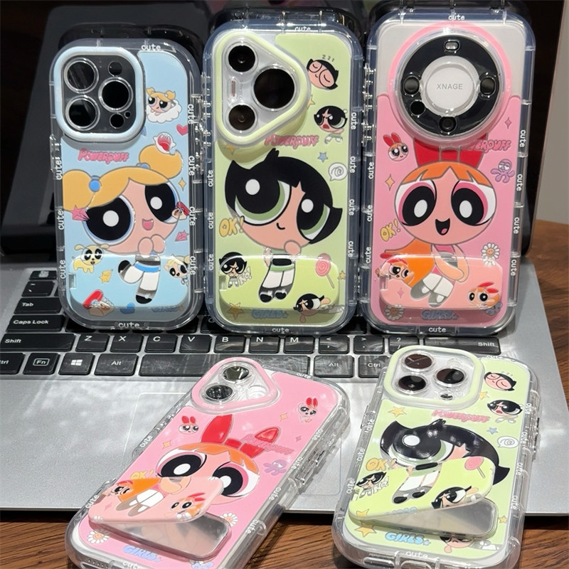 黄色小女警适用苹果15promax手机壳16pro华为mate60/pura70新款圆边IMD镜面支架OPPOvivos19x100小米15超火套