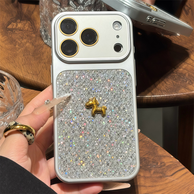 闪钻亮片立体金色小马适用17promax手机壳苹果16新款iPhone15Pro电镀13防摔14高级感16promax保护套小众男女