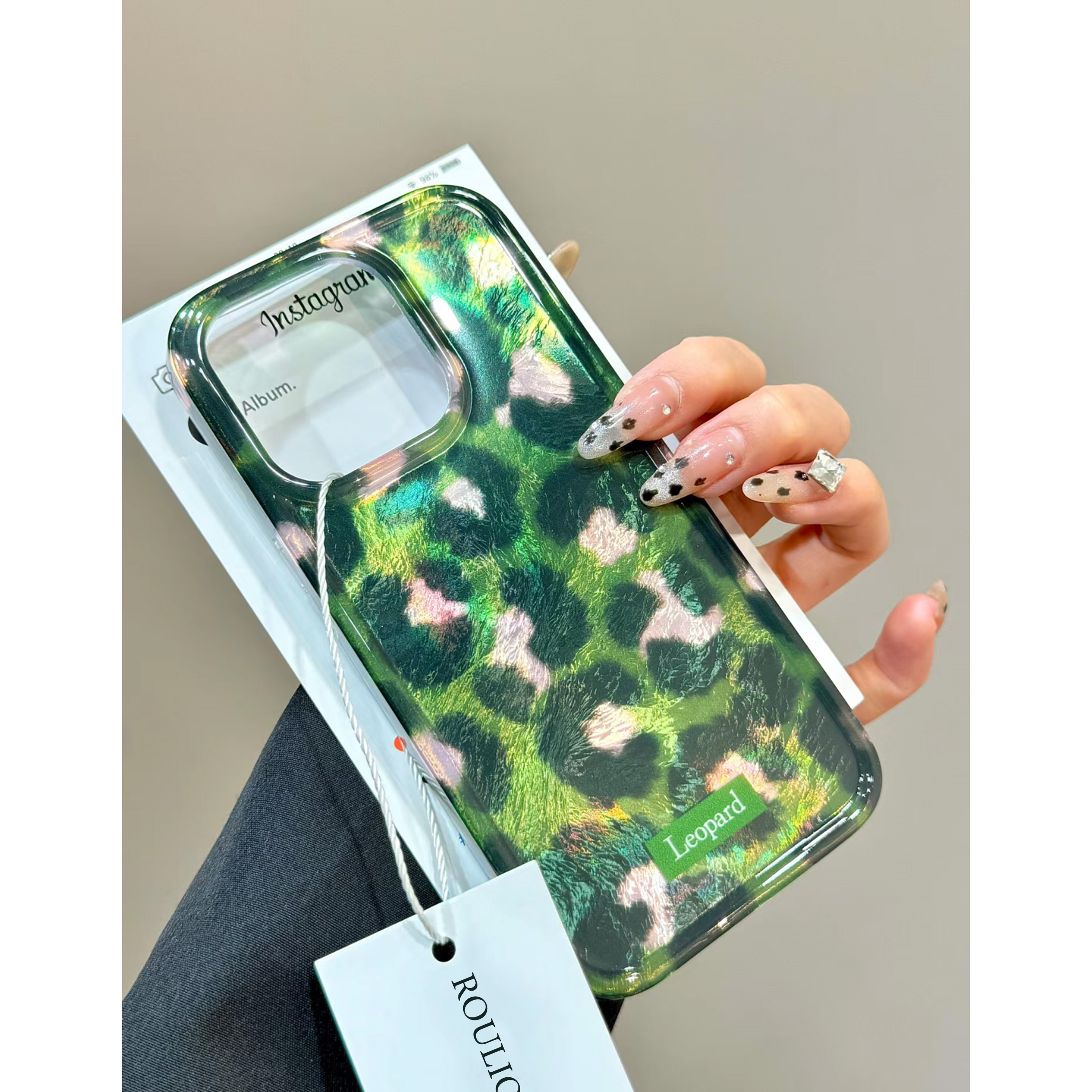 鸡蛋花绿色冰裂豹纹适用苹果16promax手机壳iPhone15折纸IMD漩涡壳华为Pura70荣耀200vivox100小米14高级OPPO