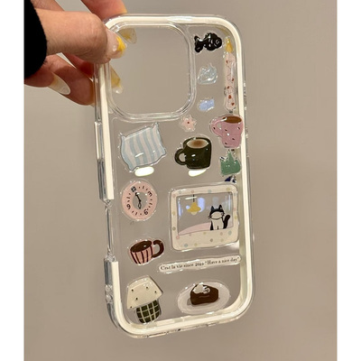 立体滴胶猫咪DIY相框小鱼水杯贴纸适用iphone16promax手机保护壳苹果13/14/15苹果15pro防摔透明高颜值ins套