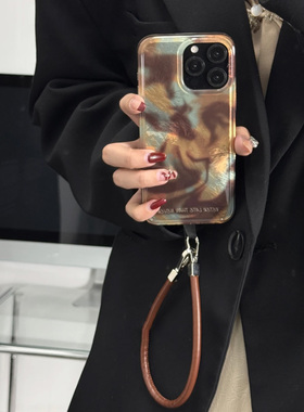 棕色晕染拉花适用苹果16/15/14pro手机壳华为Pura70pro新款mate60/OPPO漩涡壳vivos19x100套挂绳小米14note13