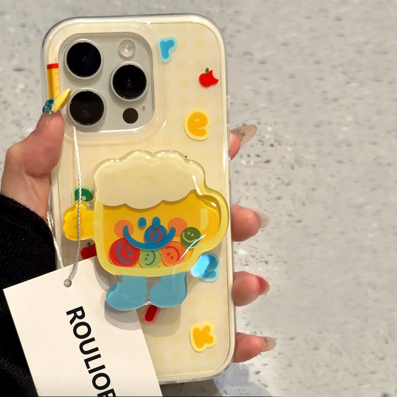 夏日啤酒小人适用苹果16/15/14pro手机壳华为Pura70pro新款大孔白色mate60/OPPOvivos19x100套小米14note支架