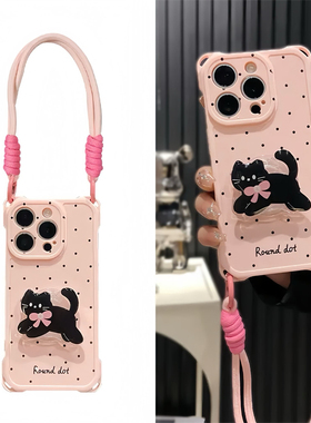 波点粉蝴蝶结小黑猫支架适用苹果16pro手机壳新款iphone17promax华为mate70荣耀vivo小米15红米k80oppo真我GT