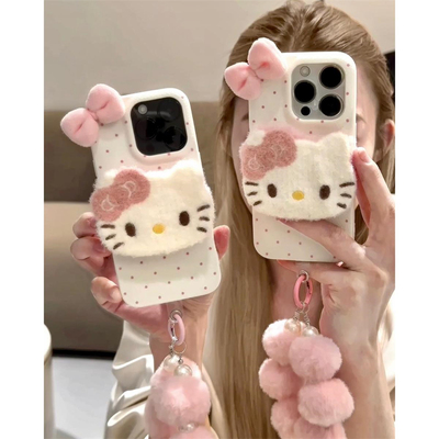 秋冬毛绒Kitty凯蒂蝴蝶结适用苹果iphone17promax手机壳16pro新款毛绒手链趣味华为mate70简约小米17Promax