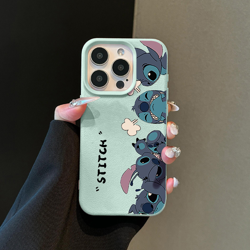 一排史迪仔适用苹果15promax手机壳iphone16pro高级14pro多巴胺荔枝纹12女新款11肤感防摔max创意13硅胶软壳