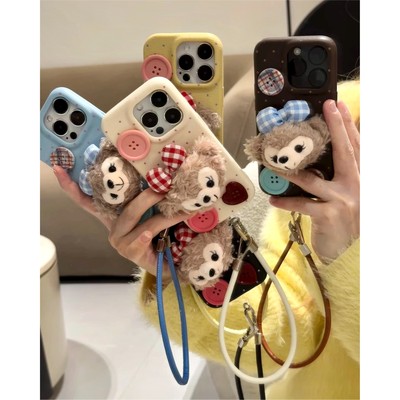 ins秋冬卡通毛绒雪莉玫公仔皮绳适用苹果16promax新款14pro手机壳iPhone13PRO个性创意华为Mate50/40全包软壳