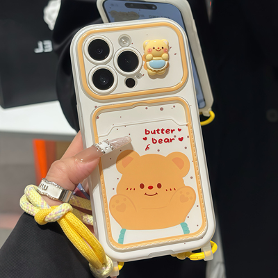 插卡式黄油小熊适用iPhone17promax大视窗卡包挂绳壳16pr防摔华为Pura80新款荣耀400防摔vivox300小米17pro软