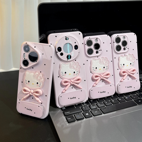 ins少女粉波点凯蒂支架适用苹果16Promax手机壳iPhone1714华为Pura70vivos30小米15oppoReno13菲林全包保护壳