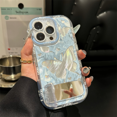 唯美ins蓝色蝴蝶泡芙羽纱适用苹果15ProMax手机壳补妆镜支架iPhone16全包新款14华为mate70荣耀vivoppo小米15