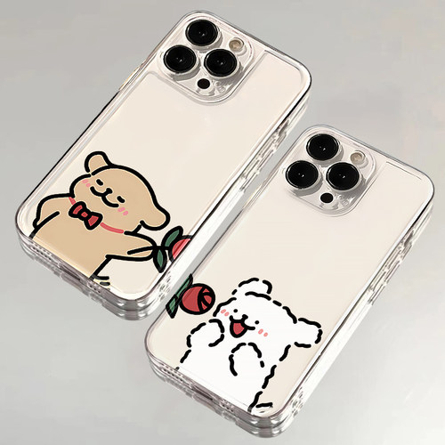 献花线条小棕狗适用苹果15手机壳16Pro卡通vivox100透明红米note13防摔小米14一加华为pura70荣耀200硅胶OPPO