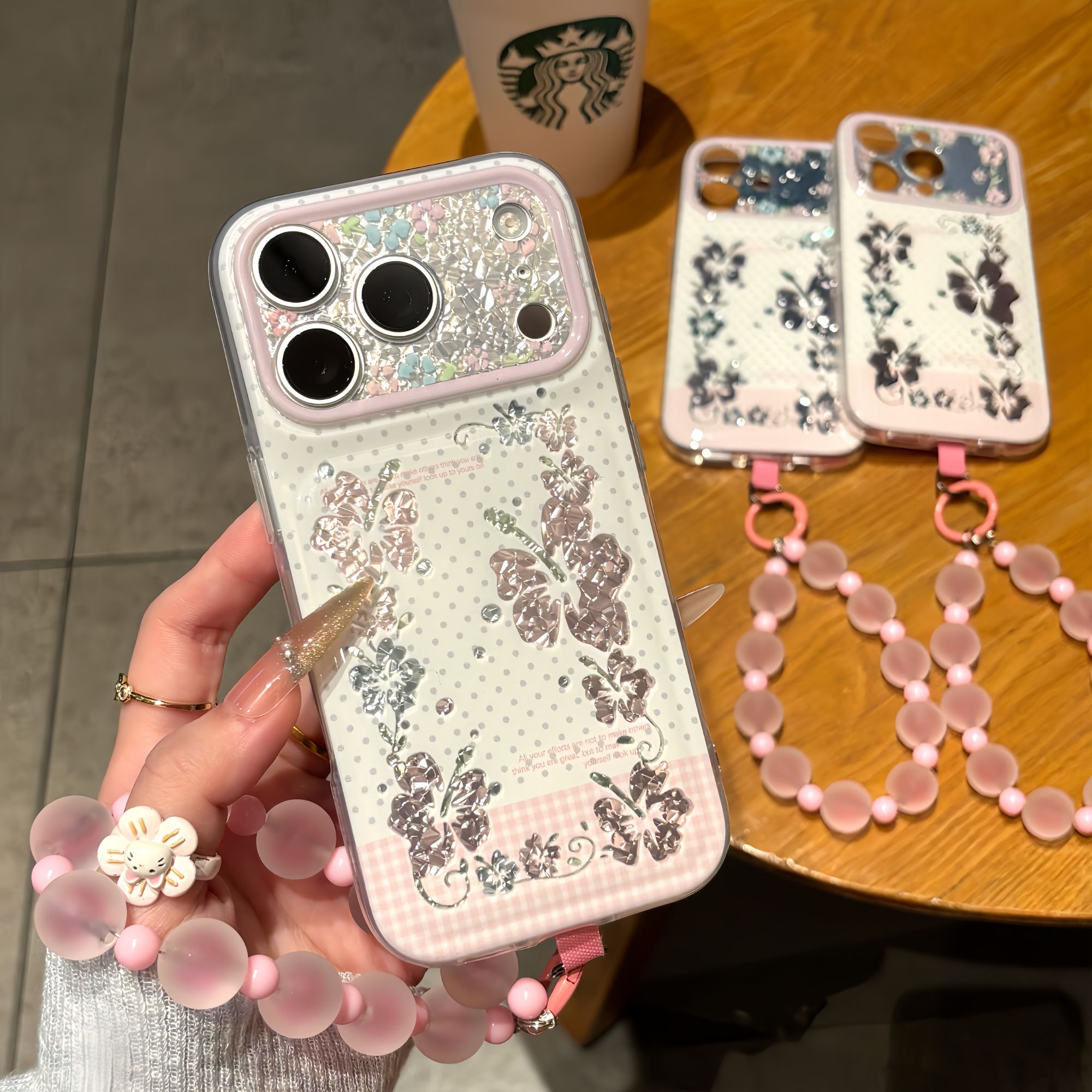 复古碎花格纹适用苹果18promax磨砂手链手机壳iphone17pro新款精孔钻石16Pro情侣15plus全包13/14防摔手机套
