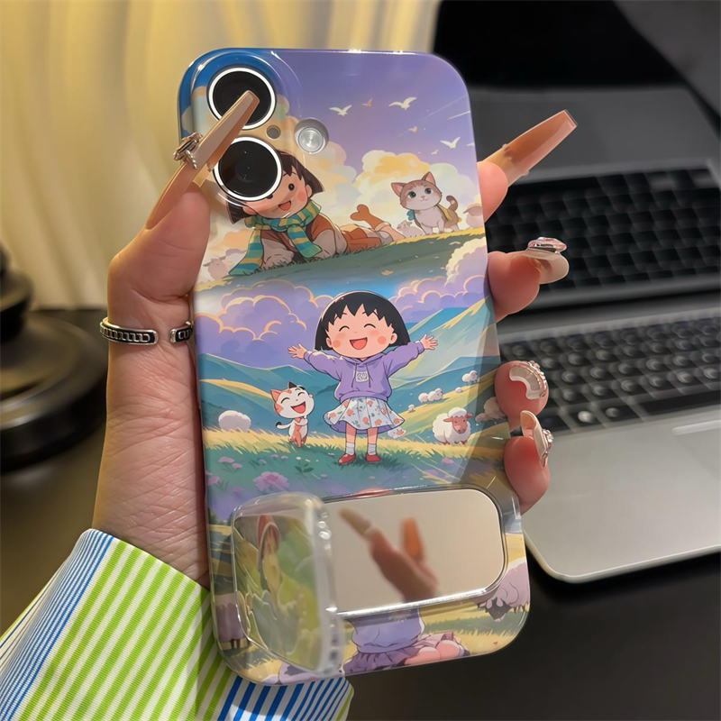 紫色卫衣小丸子风吹走了烦恼适用iPhone16苹果15promax菲林手机壳华为mate70补妆镜支架荣耀vivo小米15OPPO女