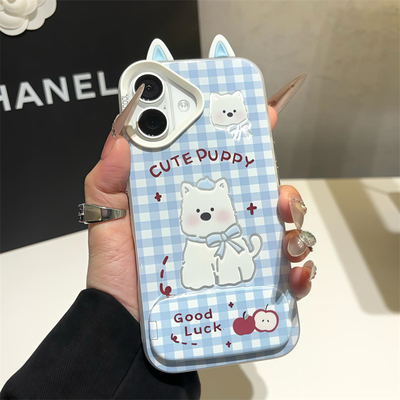 奶蓝格纹西高地适用苹果16promax手机壳iphone13新款镜面支架15pro华为mate70荣耀vivox200小米15OPPO全包软