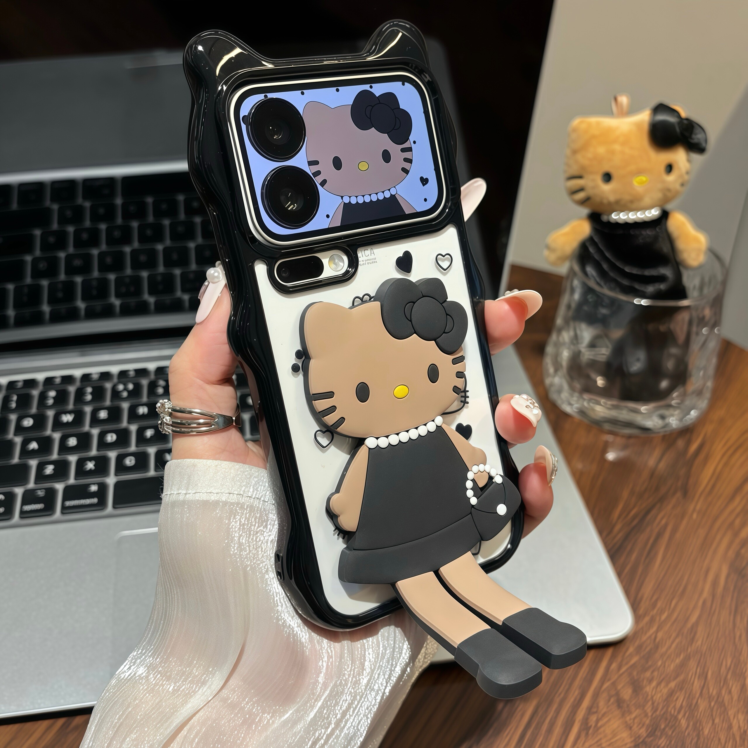 小香风黑裙黑皮猫适用苹果17promax支架手机壳iPhone16pro全包防摔13/14简约透明华为PURA70超火小米17pro软