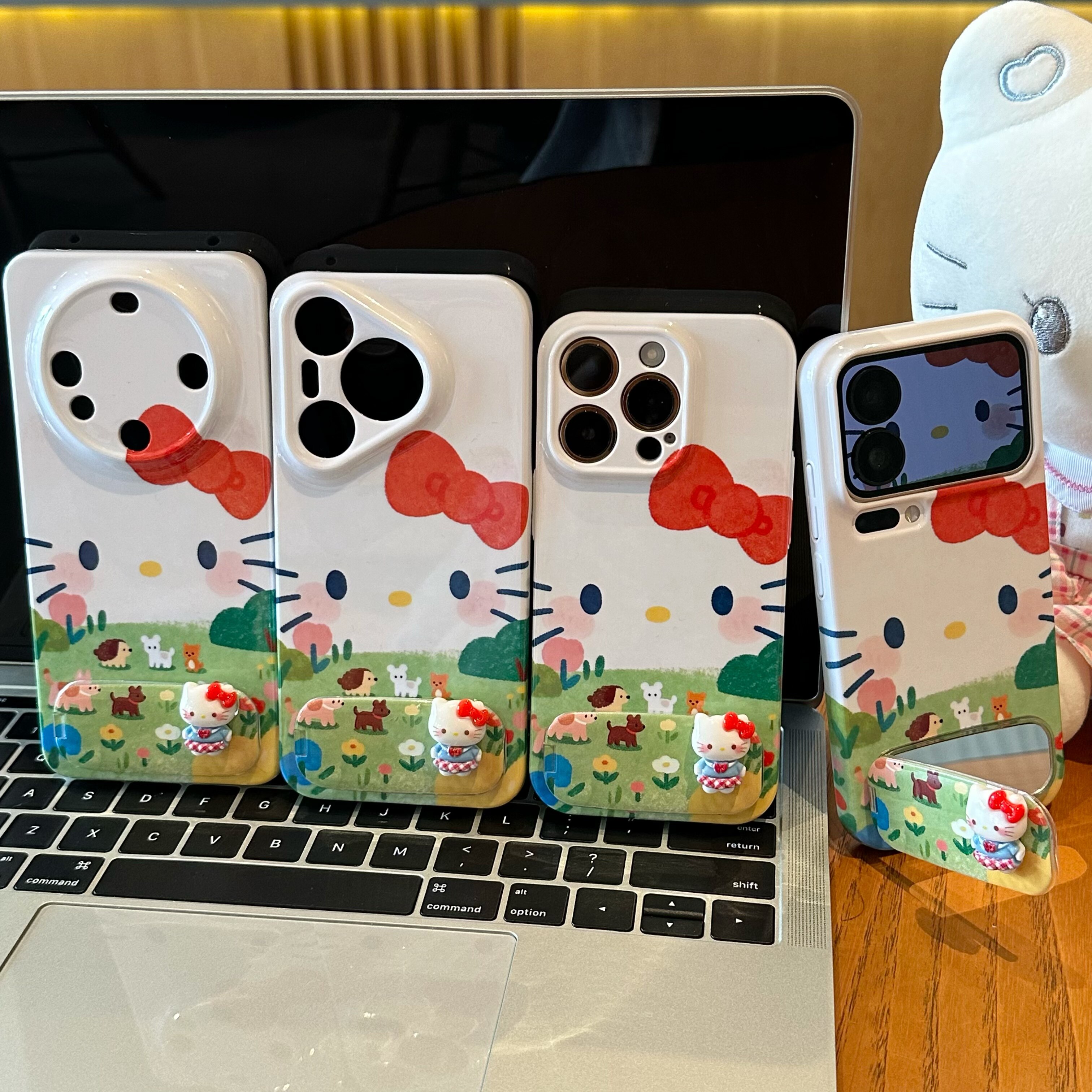 草原蝴蝶结可爱猫咪适用苹果17promax镜面支架手机壳16华为mate80新款菲林硬壳Reno15/vivox300防摔小米17pro