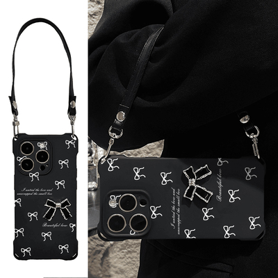 小香风ins蝴蝶结用苹果15promax手机壳四角挂绳iPhone12/13/14/11超薄X/XR/XSMAX防摔手提绳新款XS个性创意女