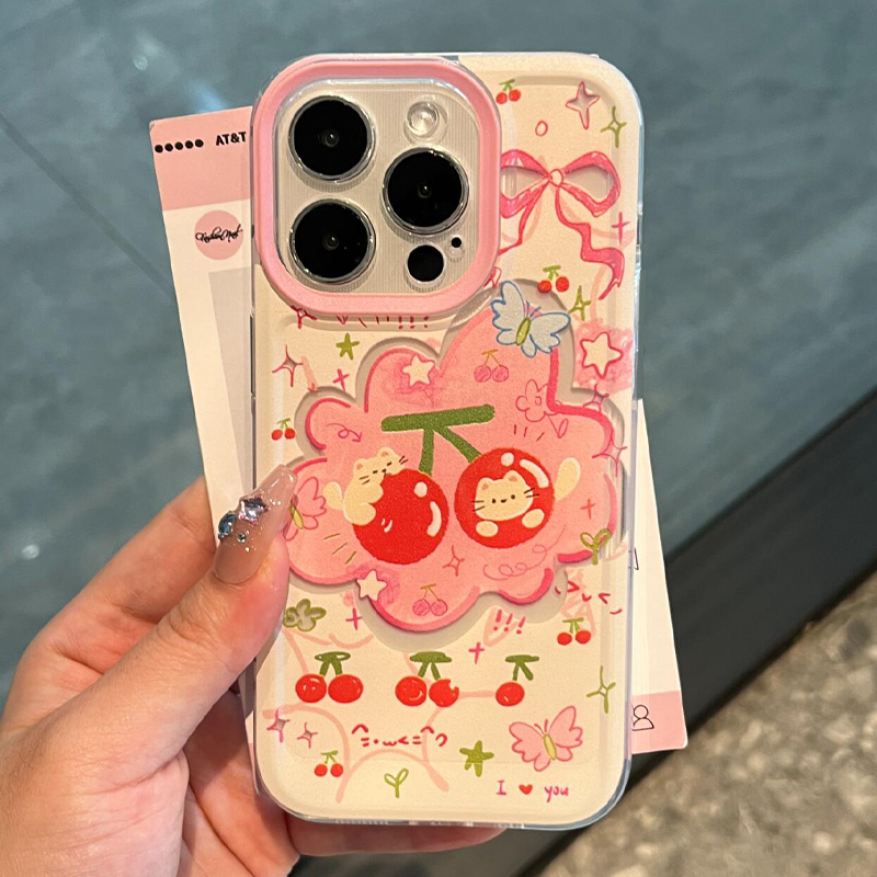 奶油樱桃味适用苹果15手机壳16Plue卡通vivox100透明红米note13防摔小米14一加套华为pura70荣耀200硅胶OPPO