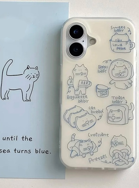 线条吐司猫咪适用苹果16/15Pro手机壳华为Pura80pro新款大孔白色mate70/OPPOvivos30x200套小米15note13防摔