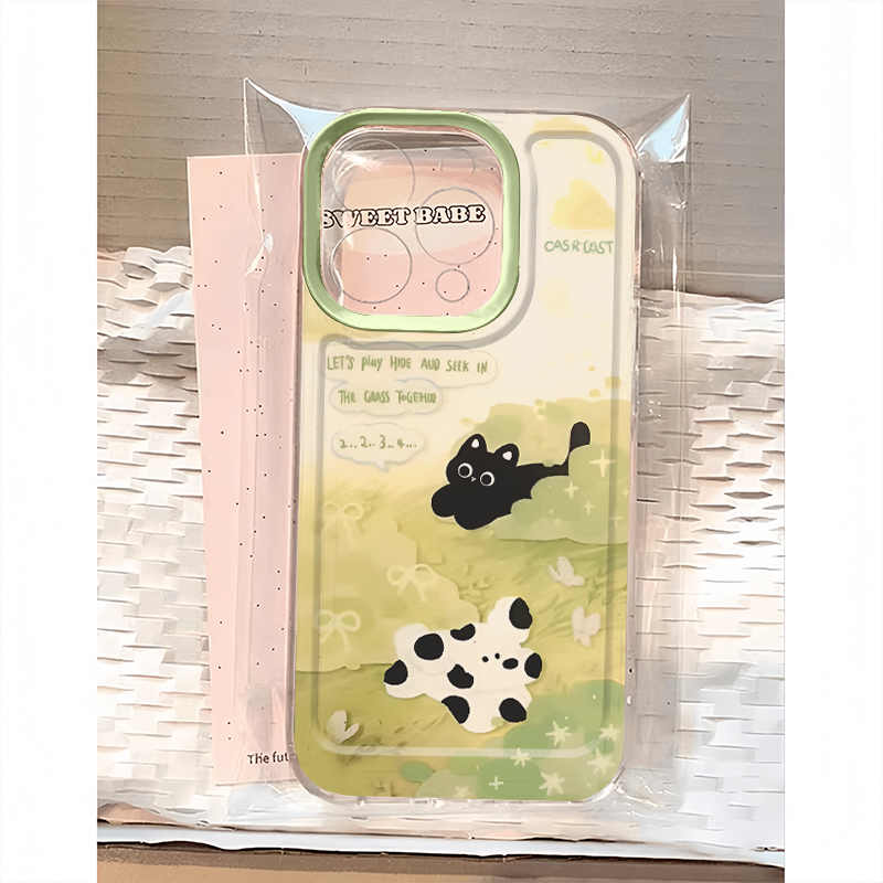 草地追逐猫狗适用苹果15手机壳16Pro卡通vivox100透明红米note13防摔小米14一加套华为pura70荣耀200硅胶OPPO