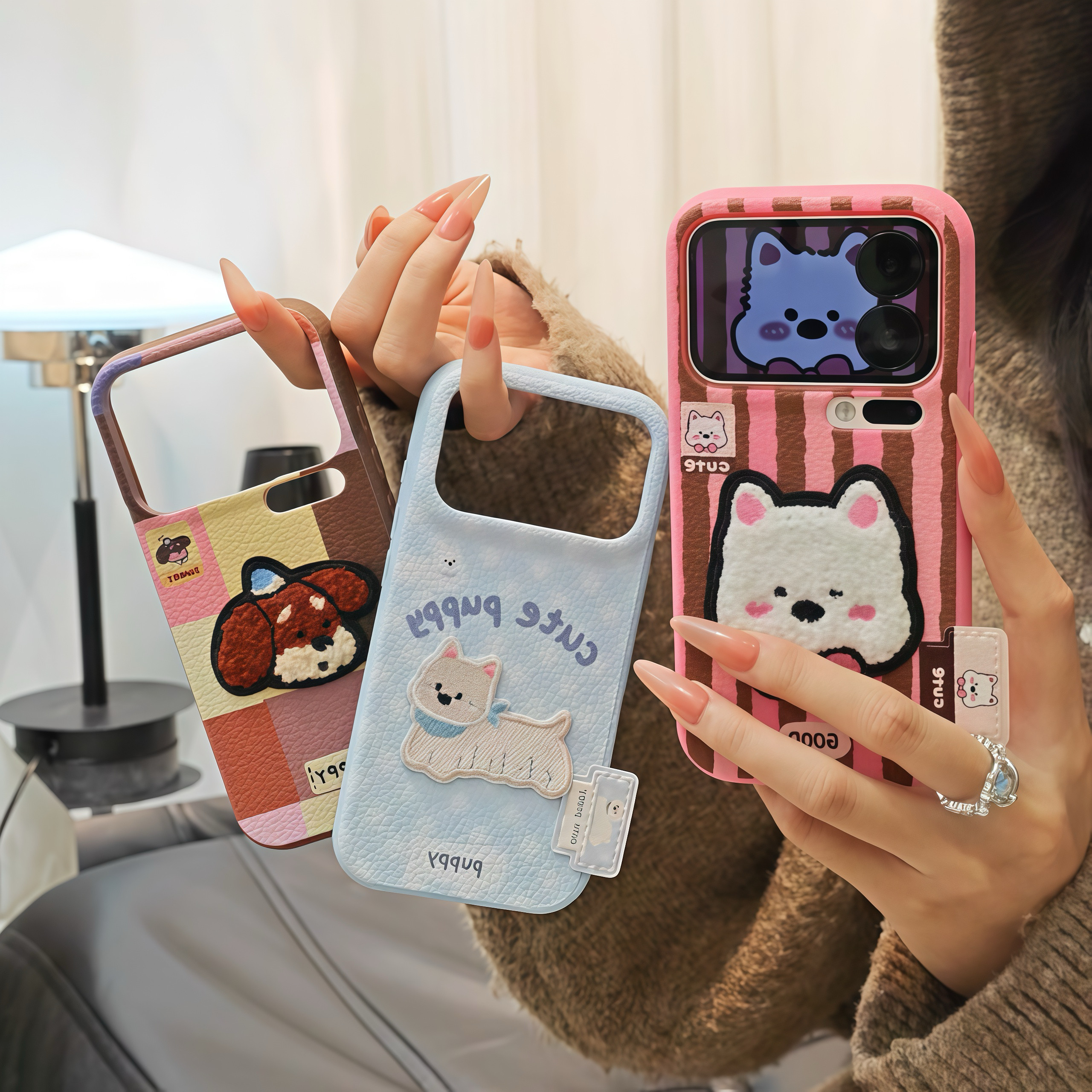 条纹粉西高地适用iPhone17promax苹果16Pro手机壳华为Pura70新款刺绣贴件vivox200高颜值皮纹小米17Promax软