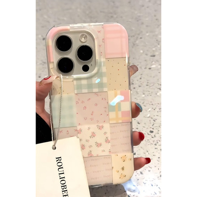 韩系ins风彩格碎花拼接插画适用苹果16promax手机壳iPhone15女新款16保护套13女华为P70荣耀vivo小米OPPO防摔