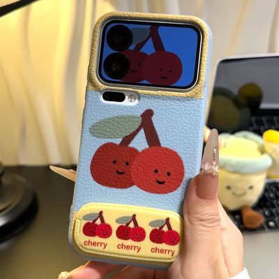 蓝色趣味樱桃适用iPhone17promax苹果16手机壳华为Pura70新款镜面支架荣耀400皮纹tpuvivox200小米17Promax软