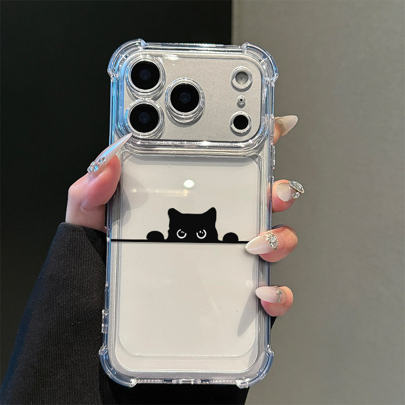 可爱探头黑猫适用iPhone17promax苹果16pro手机壳华为Mate80新款透明气囊壳vivox300荣耀500防摔小米17Pro软
