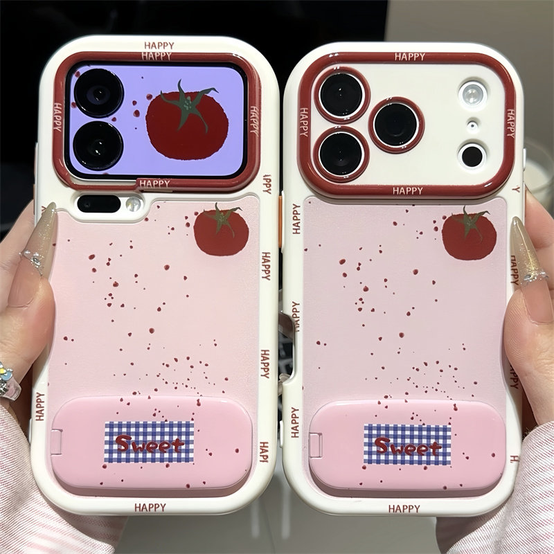 粉墨点番茄适用苹果17promax镜面支架手机壳iphone16Pro新款奶油壳白色华为mate70荣耀vivox300防摔小米17pro