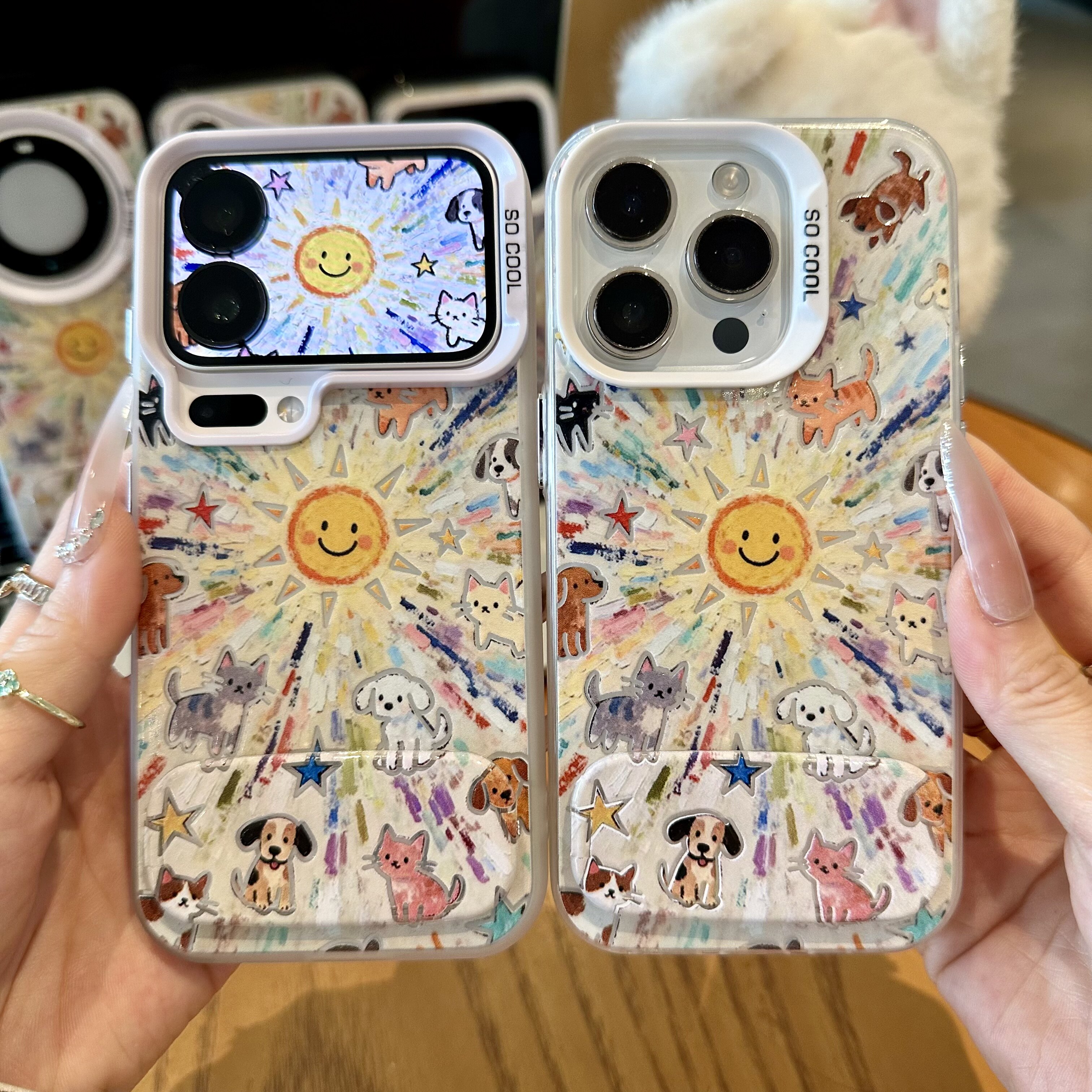 太阳爆炸猫狗适用苹果手机壳17promax镜面支架手机壳iphone16华为mate80新款磨砂彩银vivox300防摔小米17pro