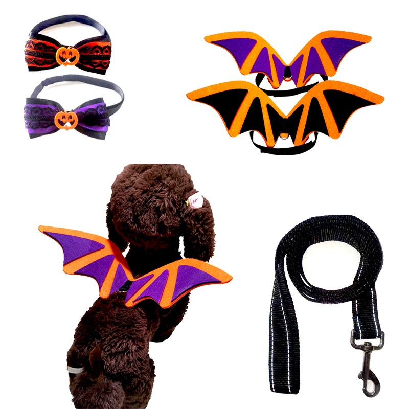 万圣节宠物蝙蝠翅膀节日狗狗领结猫咪变身装牵引绳服饰品欧美风格