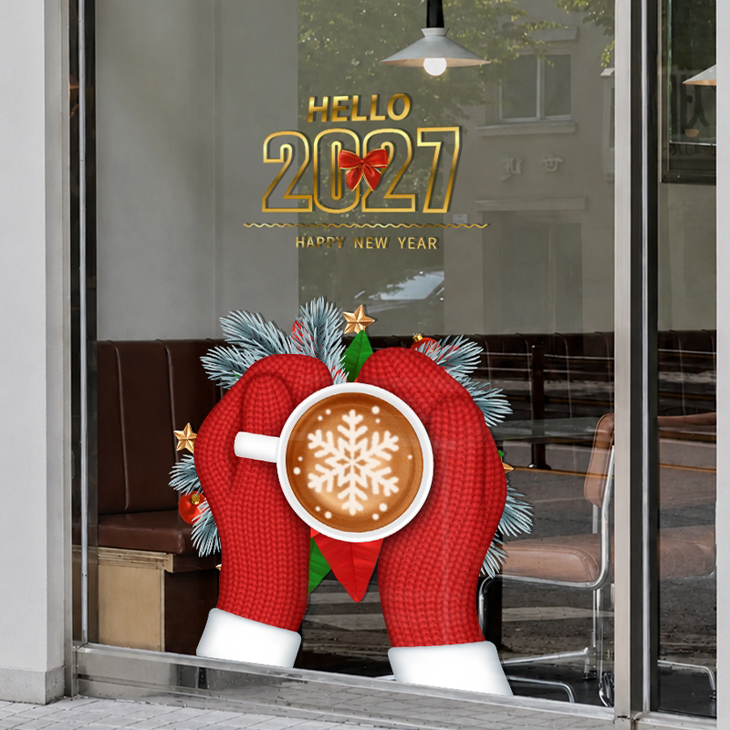 2027圣诞新年咖啡奶茶店静电贴