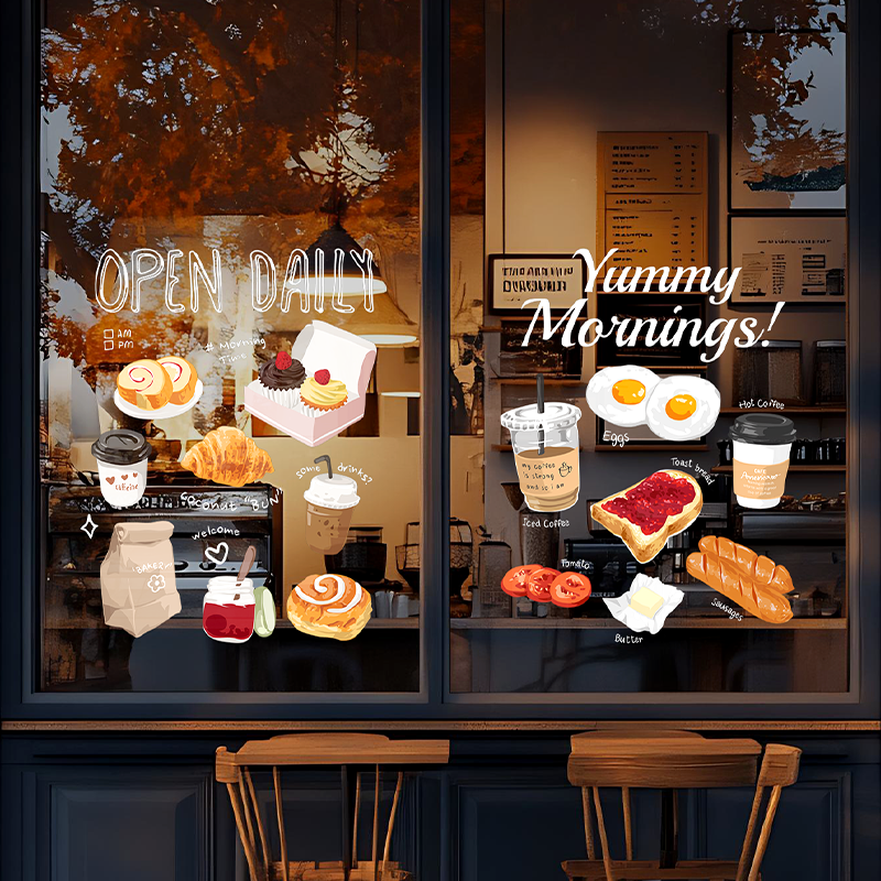 ins卡通网红奶茶店玻璃门贴纸咖啡面包店橱窗装饰布置静电双面贴