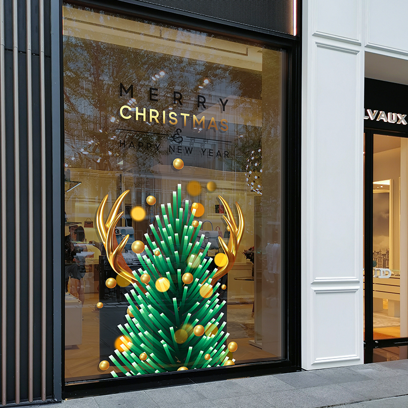 创意抽象麋鹿圣诞树玻璃门贴纸酒店展厅布置特大静电橱窗贴画装饰图片