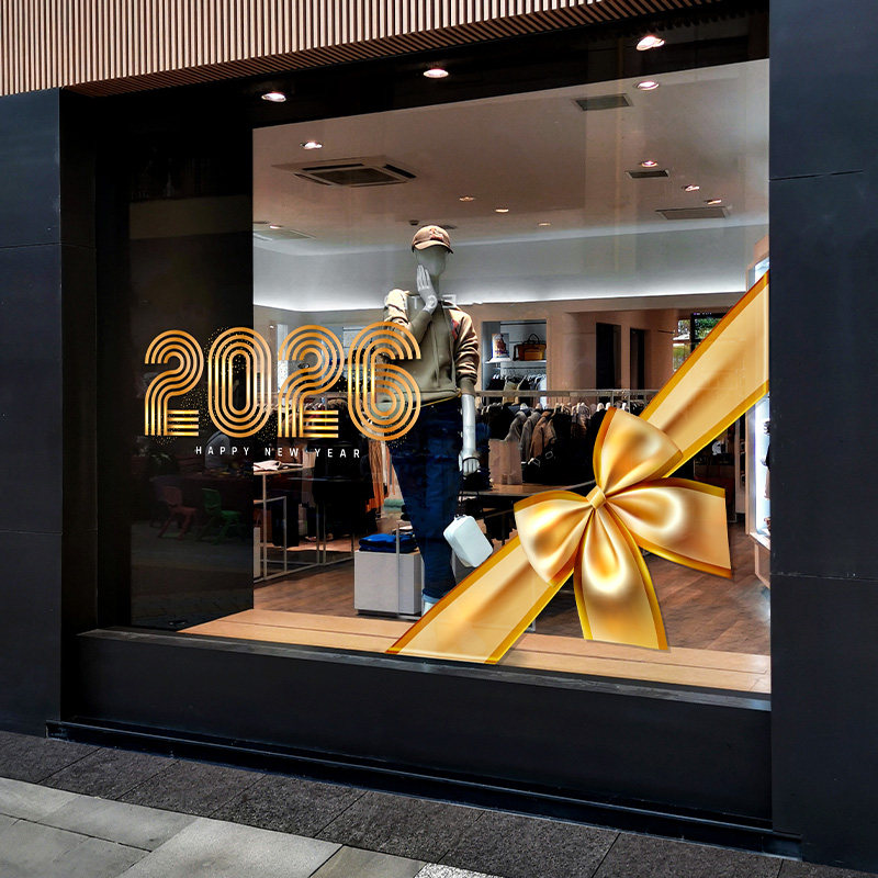 2026金色蝴蝶结玻璃橱窗贴新年红色简约服装店铺静电贴纸无胶特大