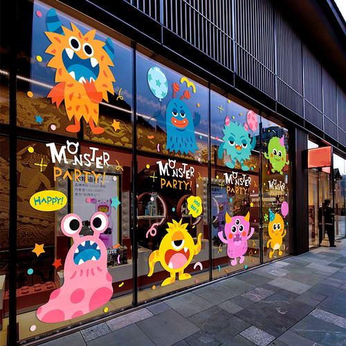 创意卡通怪物学院玻璃门橱窗静电贴纸商场店铺活动氛围装饰布置贴