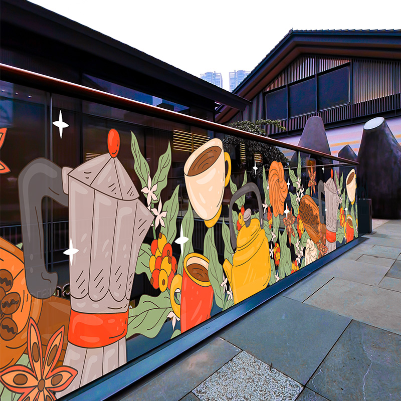 彩色复古插画玻璃门贴纸咖啡店餐厅橱窗装饰布置双面静电窗花贴膜图片