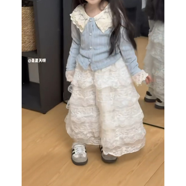 女童春装套装裙2026新款洋气儿童开衫外套花边长裙两件套宝宝春季