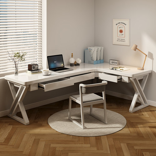 L型转角桌白色带抽屉办公桌