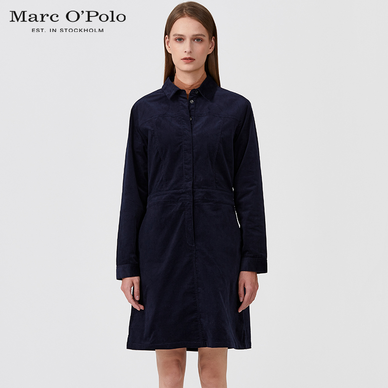Marc O'Polo/MOP夏季女士灯芯绒收腰显瘦长袖连衣裙修身气质内搭