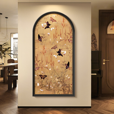 法式中古风玄关装饰画复古南洋花鸟图挂画拱形高级感进门入户壁画