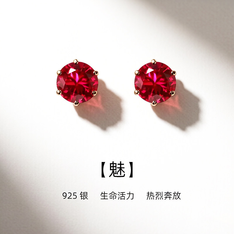 红色耳钉女本命年六爪合成宝石红耳钉