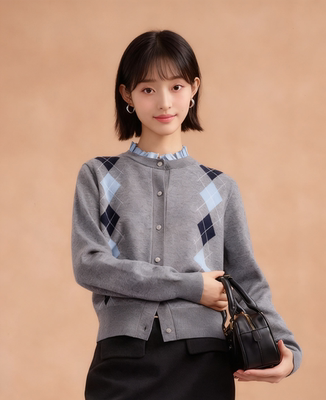 朗家羊毛荷叶边针织开衫菱格提花休闲小个子25冬新款