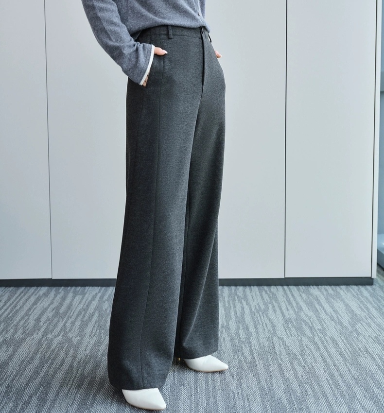 【羊绒保暖】含桑蚕丝羊绒保暖竖条纹裤子肌理针织直筒裤0106