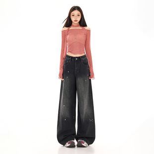 秋冬黑色泼墨复古斑点牛仔长裤拖地宽松阔腿垂感美式做旧涂鸦