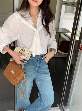 3th Morning 早秋新款 天丝亚麻蕾丝边海军领法式衬衫